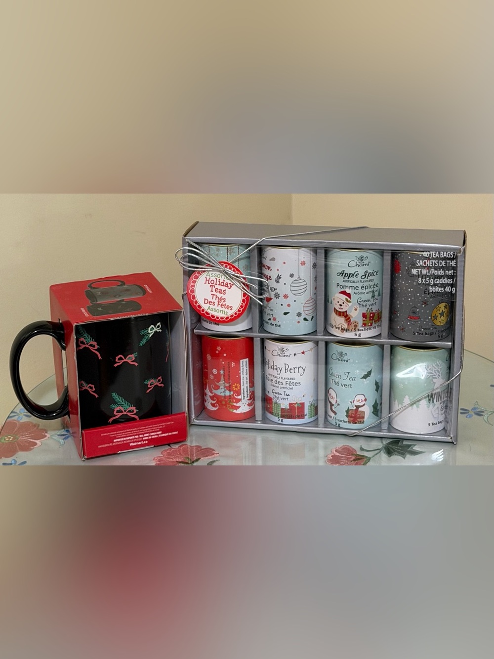 🌸 NEW Holiday Tea Gift Set with Black Ribbon Mug - Assorted Holiday Tea Tins